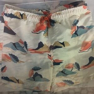 Kids White Swim Trunks with Coral & Teal Print